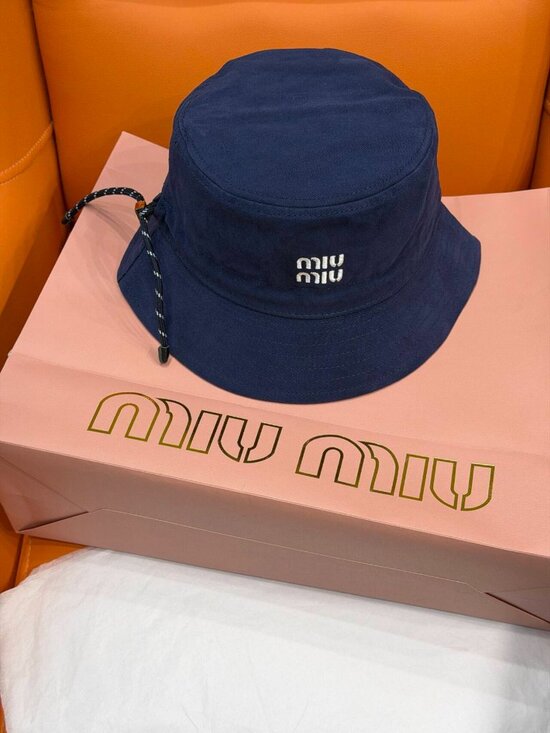 Miu Miu Navy Blue Logo Embroidered Bucket Hat with Drawstring main image 4